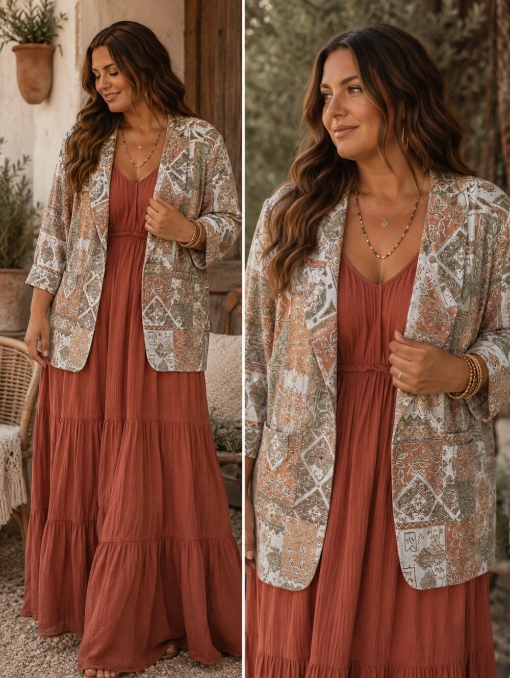 Joanna Geometric Vintage Button Front Tunic in Rust, Olive Cream SZ 20W